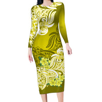 Polynesian Long Sleeve Bodycon Dress Pacific Flower Mix Floral Tribal Tattoo Yellow Vibe - Wonder Print Shop