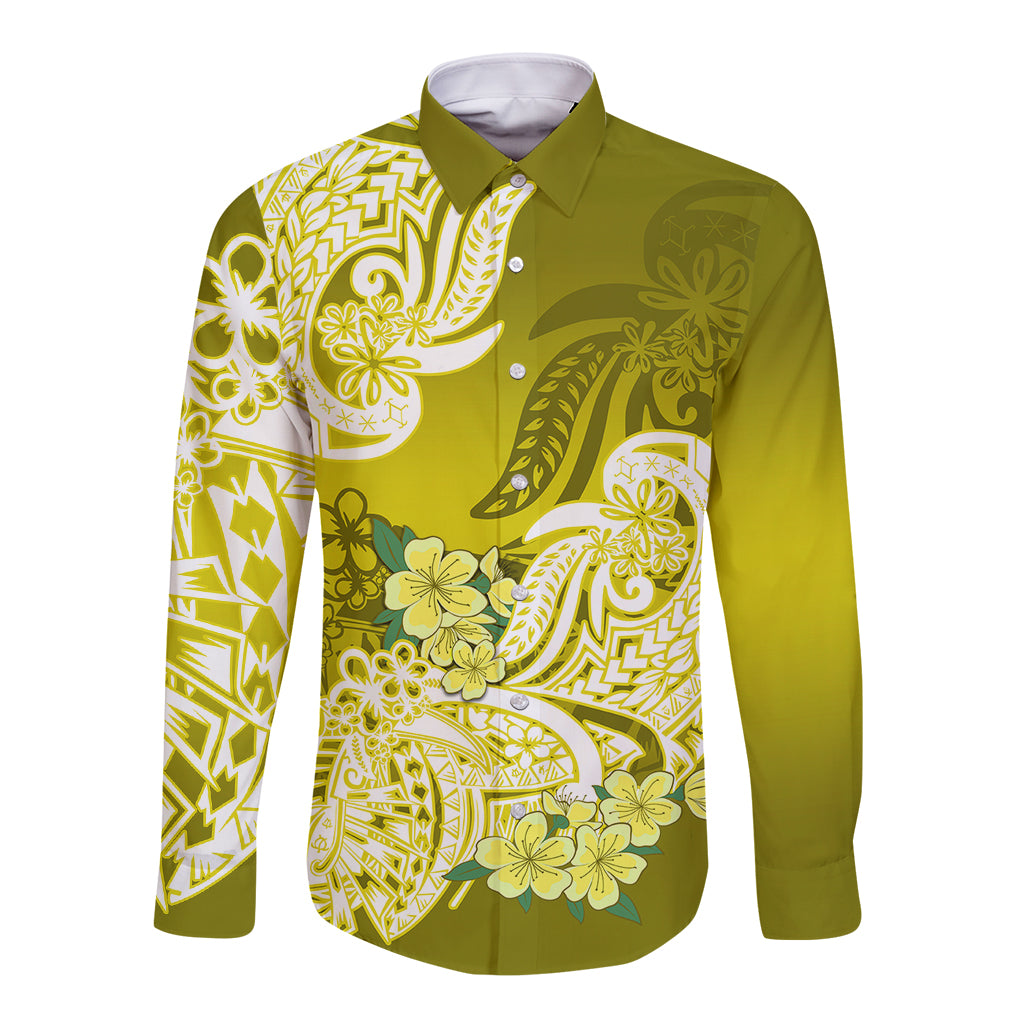 Polynesian Long Sleeve Button Shirt Pacific Flower Mix Floral Tribal Tattoo Yellow Vibe - Wonder Print Shop