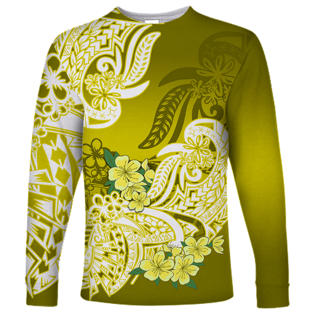 Polynesian Long Sleeve Shirt Pacific Flower Mix Floral Tribal Tattoo Yellow Vibe - Wonder Print Shop