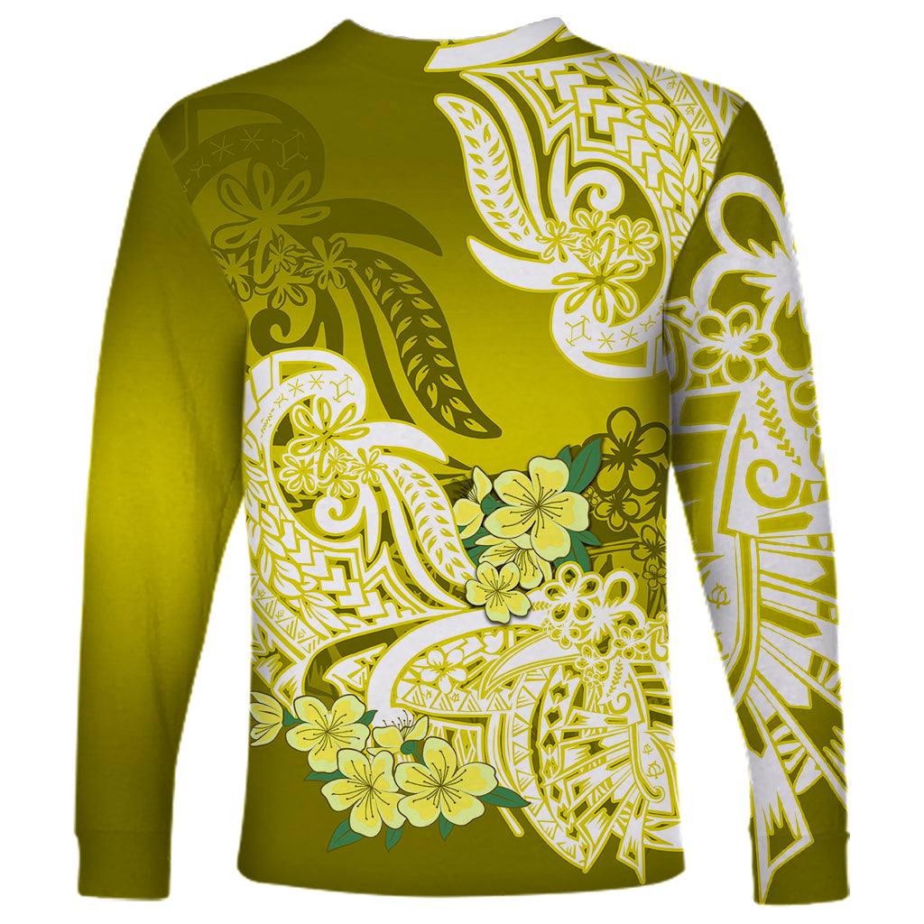 Polynesian Long Sleeve Shirt Pacific Flower Mix Floral Tribal Tattoo Yellow Vibe - Wonder Print Shop