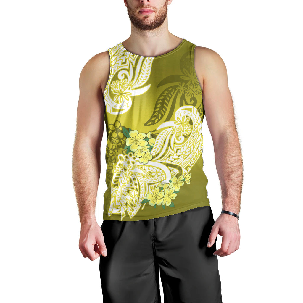 Men's yellow-green tank top front with centered white Polynesian flower pattern