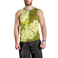 Men's yellow-green tank top front with centered white Polynesian flower pattern