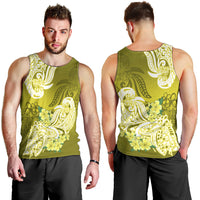 Men's yellow-green tank top front and back with white Polynesian floral tribal print