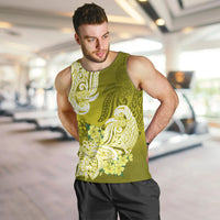 Men's yellow-green tank top with white Polynesian floral tribal print and crew neck