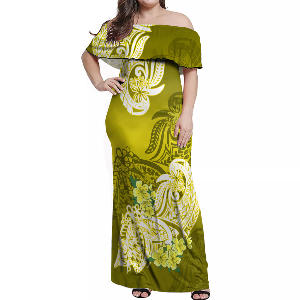 Polynesian Off Shoulder Maxi Dress Pacific Flower Mix Floral Tribal Tattoo Yellow Vibe - Wonder Print Shop