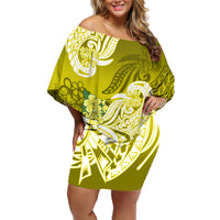 Polynesian Off Shoulder Short Dress Pacific Flower Mix Floral Tribal Tattoo Yellow Vibe - Wonder Print Shop