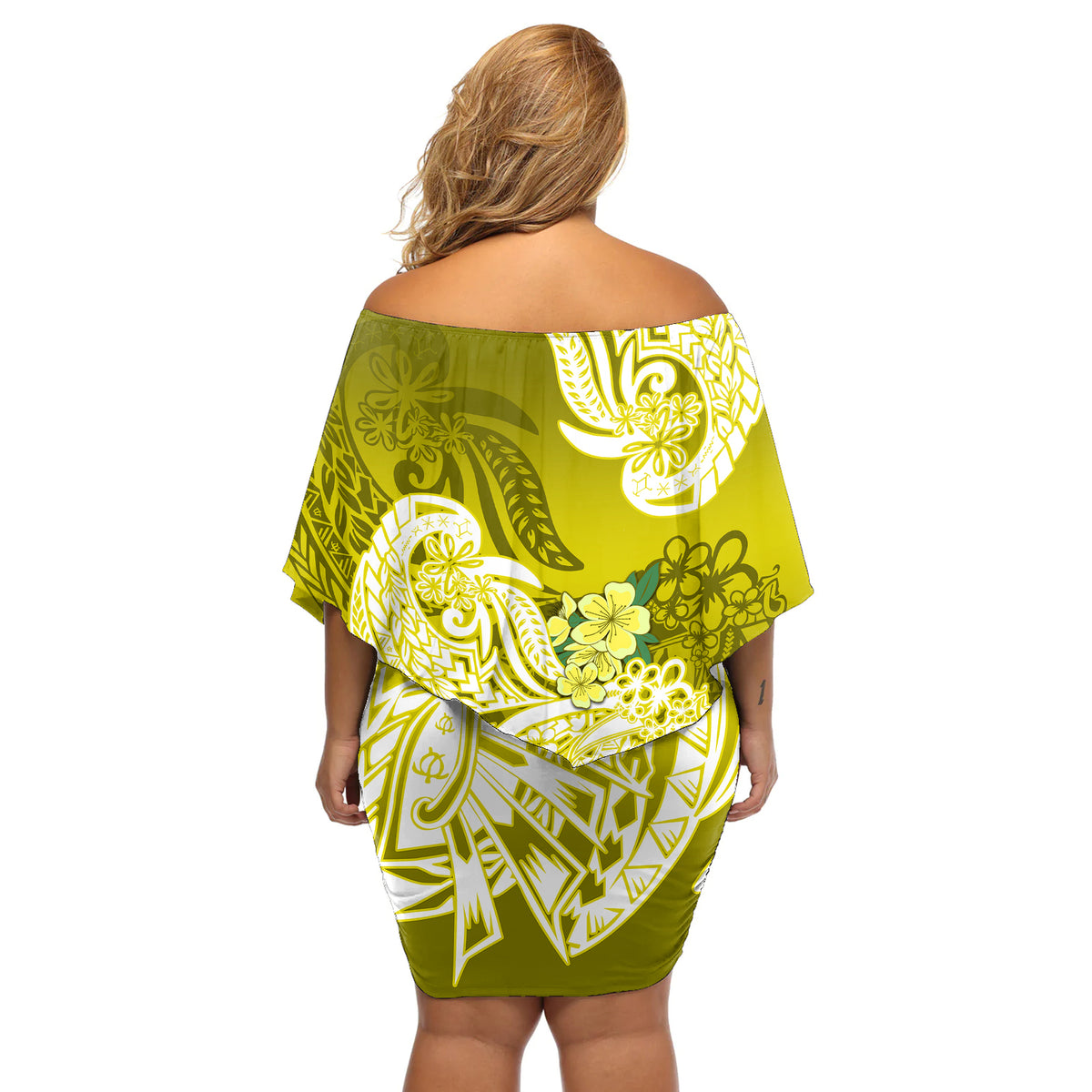 Polynesian Off Shoulder Short Dress Pacific Flower Mix Floral Tribal Tattoo Yellow Vibe - Wonder Print Shop