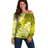 Polynesian Off Shoulder Sweater Pacific Flower Mix Floral Tribal Tattoo Yellow Vibe - Wonder Print Shop