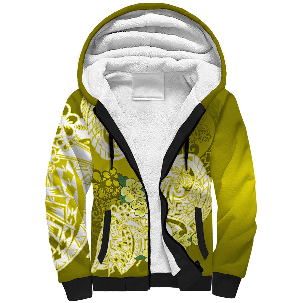 Polynesian Sherpa Hoodie Pacific Flower Mix Floral Tribal Tattoo Yellow Vibe - Wonder Print Shop