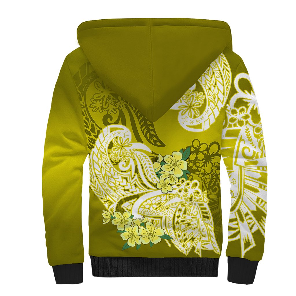 Yellow unisex sherpa hoodie with large white-and-green floral bird graphic on back