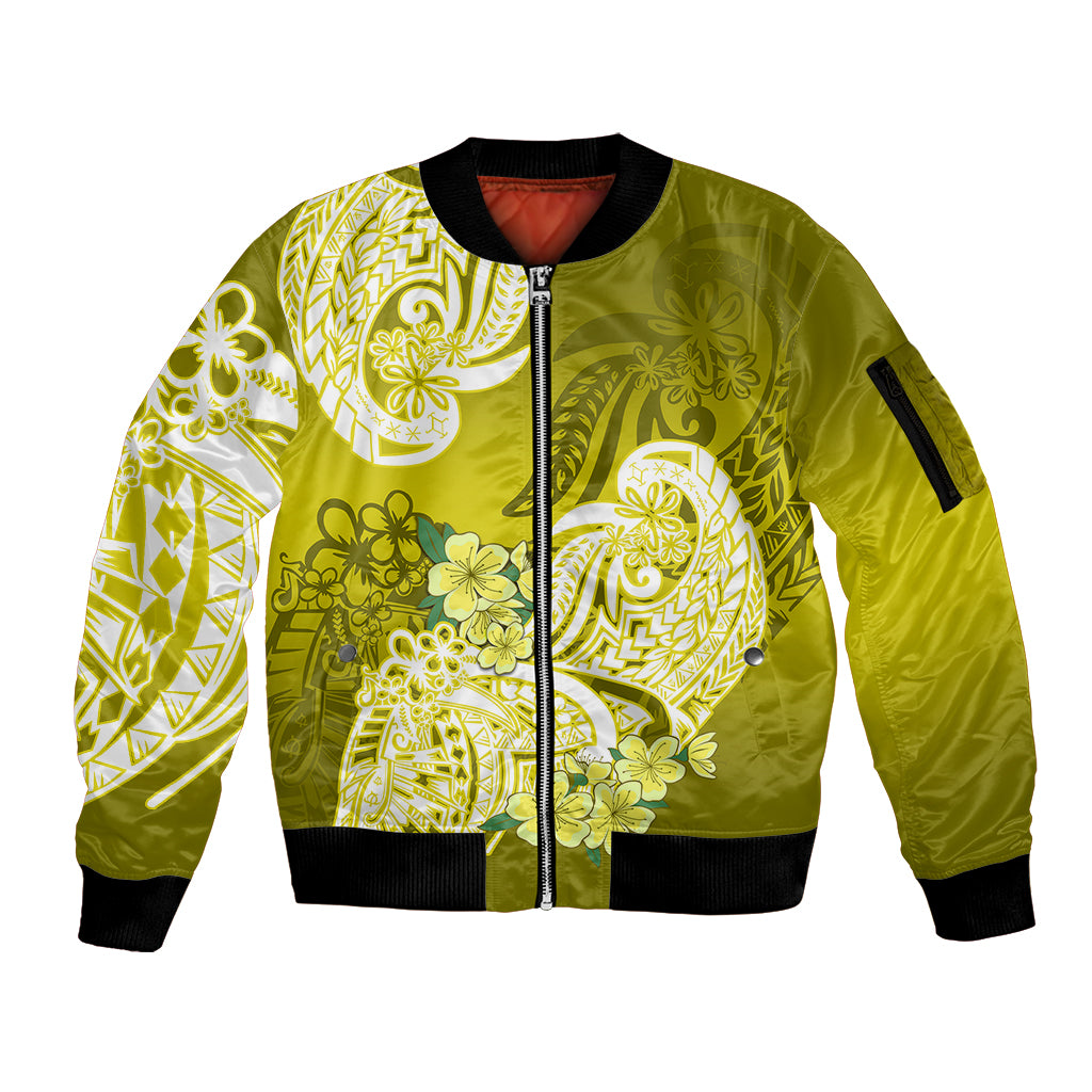 Polynesian Sleeve Zip Bomber Jacket Pacific Flower Mix Floral Tribal Tattoo Yellow Vibe - Wonder Print Shop
