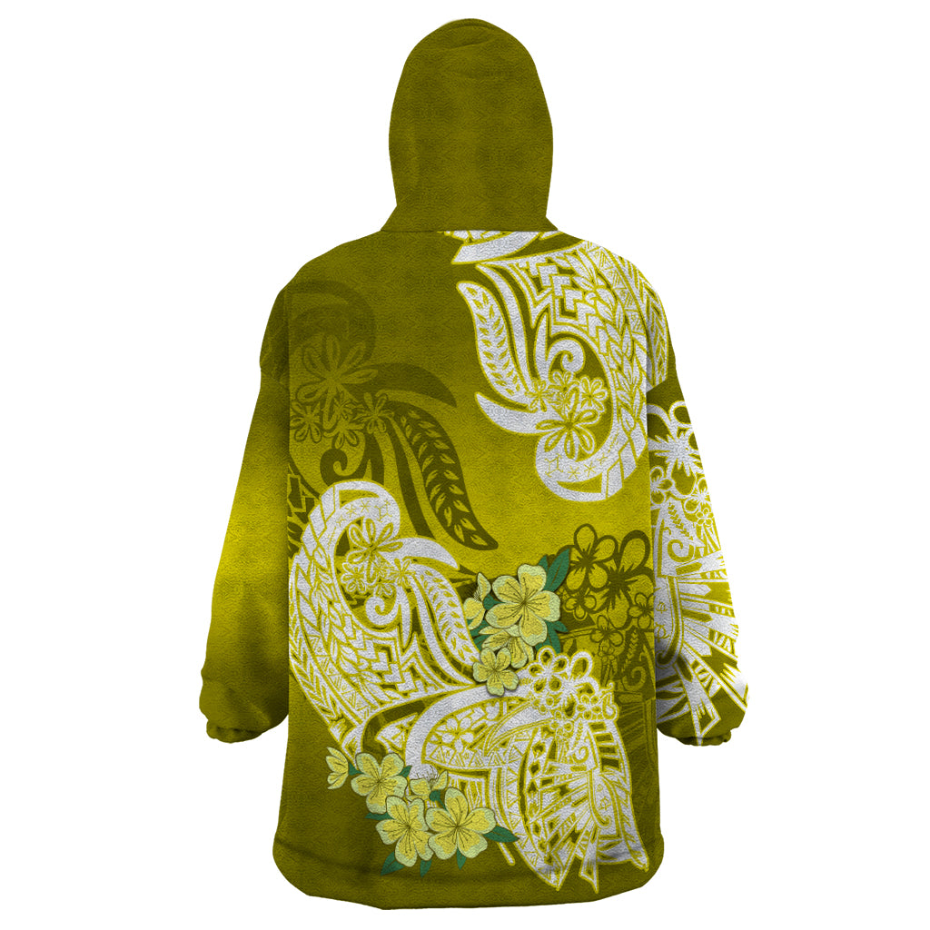 Polynesian Wearable Blanket Hoodie Pacific Flower Mix Floral Tribal Tattoo Yellow Vibe - Wonder Print Shop