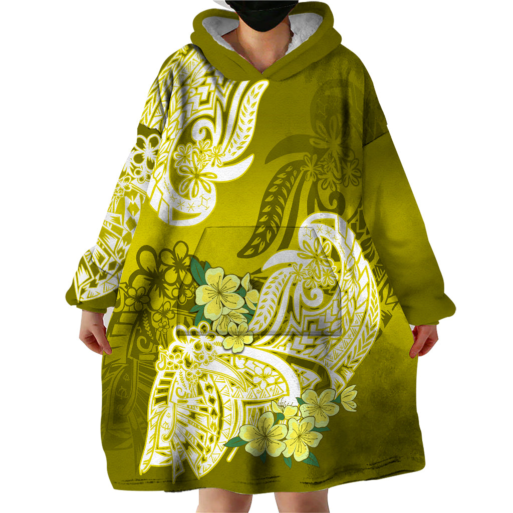 Polynesian Wearable Blanket Hoodie Pacific Flower Mix Floral Tribal Tattoo Yellow Vibe - Wonder Print Shop