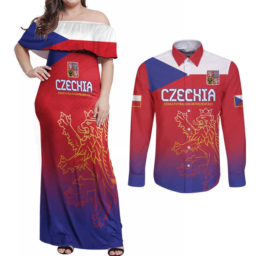 Custom Czech Republic Couples Matching Off Shoulder Maxi Dress and Long Sleeve Button Shirt Unique Double Tailed Lion LT9 - Wonder Print Shop
