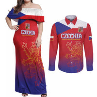Custom Czech Republic Couples Matching Off Shoulder Maxi Dress and Long Sleeve Button Shirt Unique Double Tailed Lion LT9 - Wonder Print Shop
