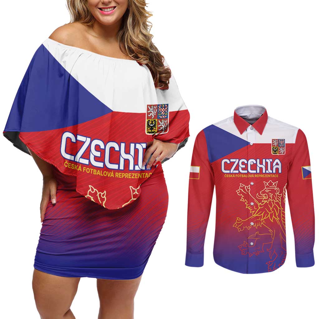 Custom Czech Republic Couples Matching Off Shoulder Short Dress and Long Sleeve Button Shirt Unique Double Tailed Lion LT9 - Wonder Print Shop