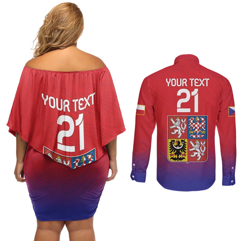 Custom Czech Republic Couples Matching Off Shoulder Short Dress and Long Sleeve Button Shirt Unique Double Tailed Lion LT9 - Wonder Print Shop