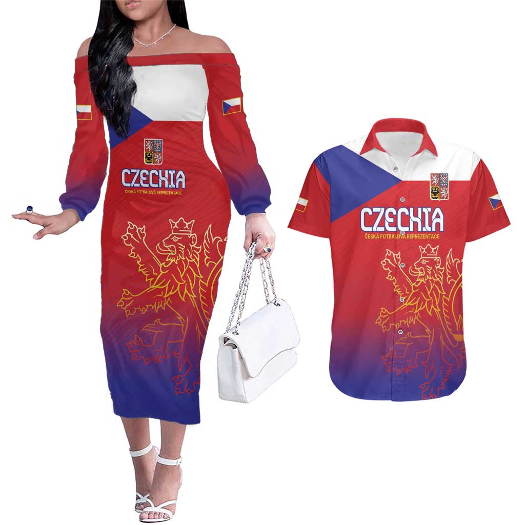 Custom Czech Republic Couples Matching Off The Shoulder Long Sleeve Dress and Hawaiian Shirt Unique Double Tailed Lion LT9 - Wonder Print Shop