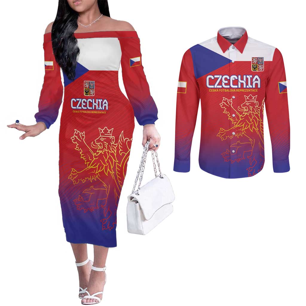 Custom Czech Republic Couples Matching Off The Shoulder Long Sleeve Dress and Long Sleeve Button Shirt Unique Double Tailed Lion
