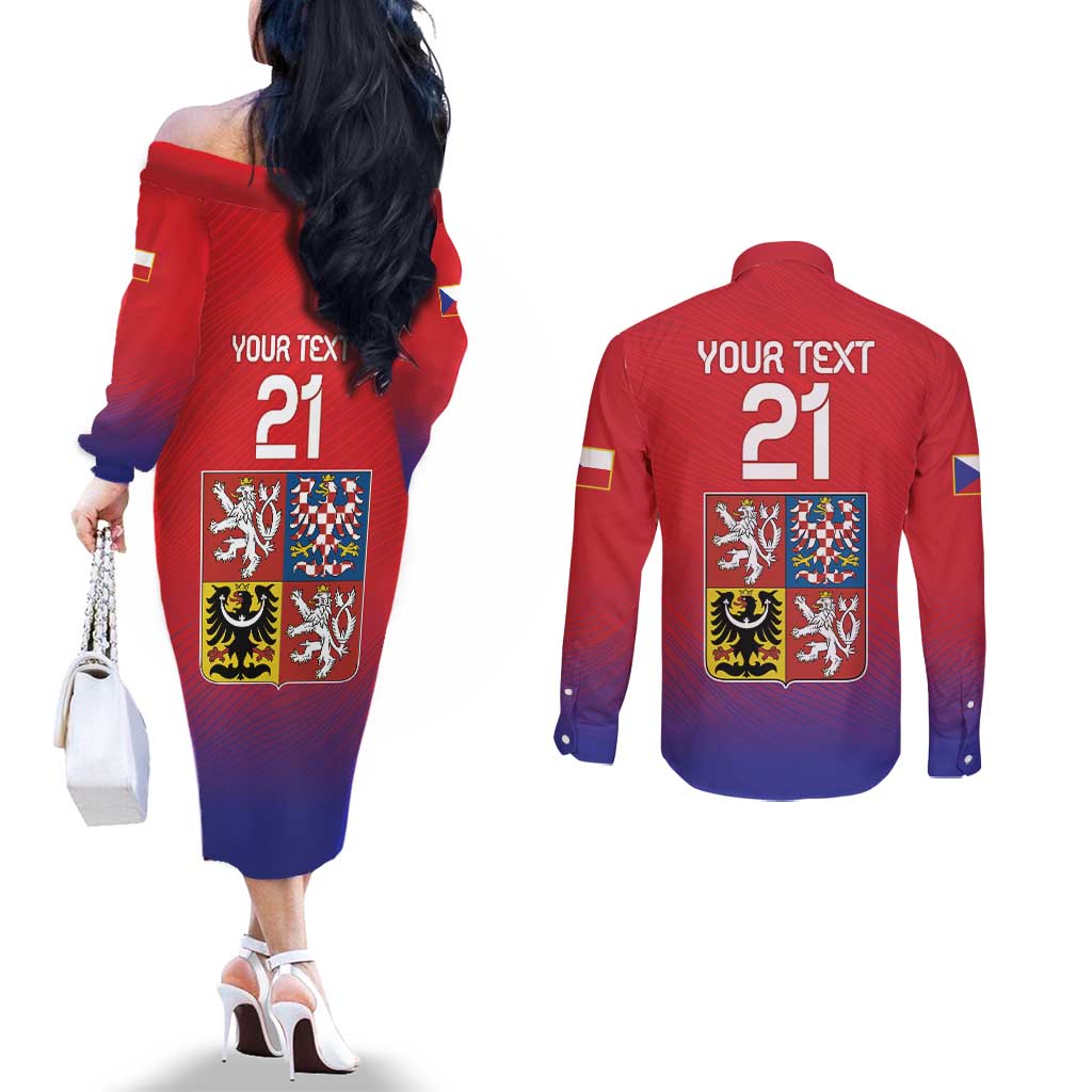 Custom Czech Republic Couples Matching Off The Shoulder Long Sleeve Dress and Long Sleeve Button Shirt Unique Double Tailed Lion