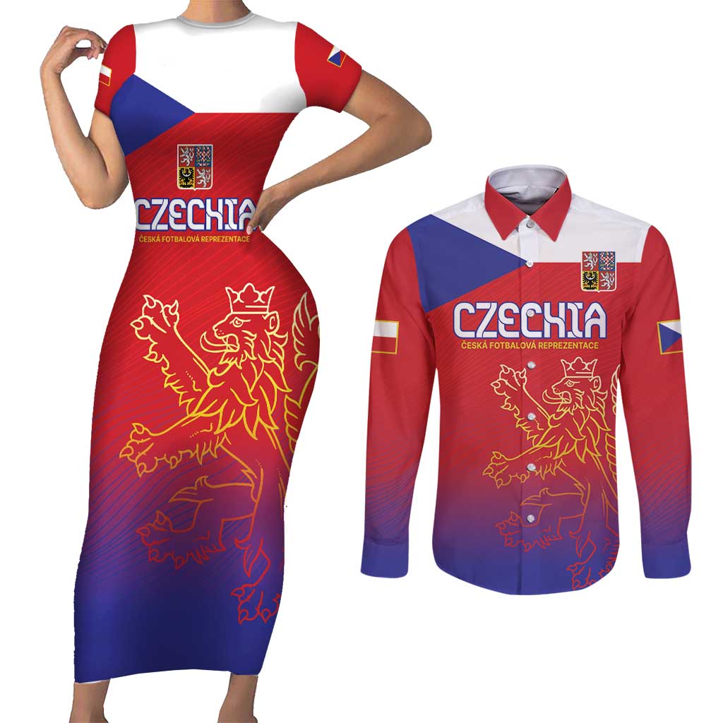 Custom Czech Republic Couples Matching Short Sleeve Bodycon Dress and Long Sleeve Button Shirt Unique Double Tailed Lion LT9 - Wonder Print Shop