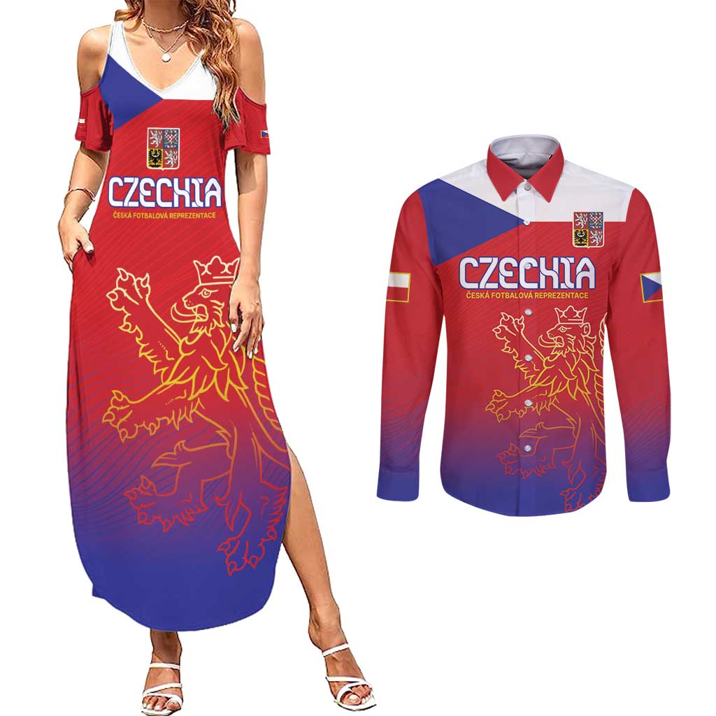 Custom Czech Republic Couples Matching Summer Maxi Dress and Long Sleeve Button Shirt Unique Double Tailed Lion LT9 - Wonder Print Shop