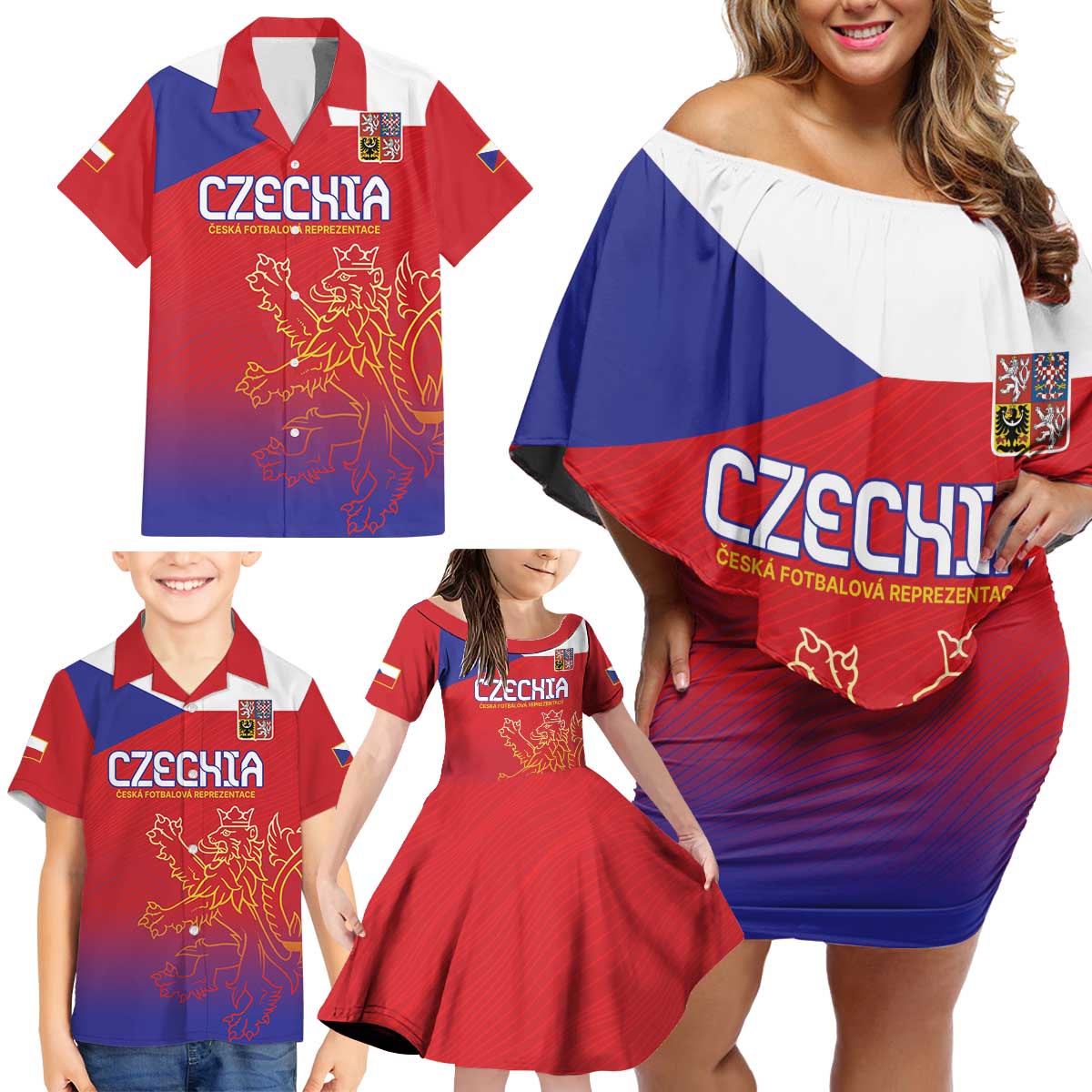 Custom Czech Republic Family Matching Off Shoulder Short Dress and Hawaiian Shirt Unique Double Tailed Lion LT9 - Wonder Print Shop