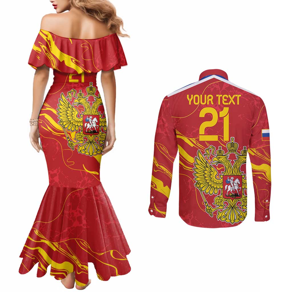 Custom Russia with Double-headed Eagle Couples Matching Mermaid Dress and Long Sleeve Button Shirt
