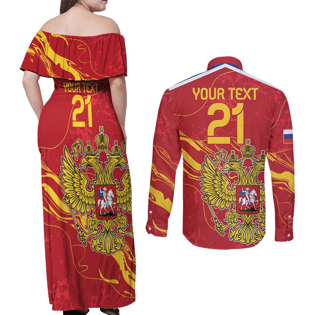 Custom Russia with Double-headed Eagle Couples Matching Off Shoulder Maxi Dress and Long Sleeve Button Shirt LT9 - Wonder Print Shop