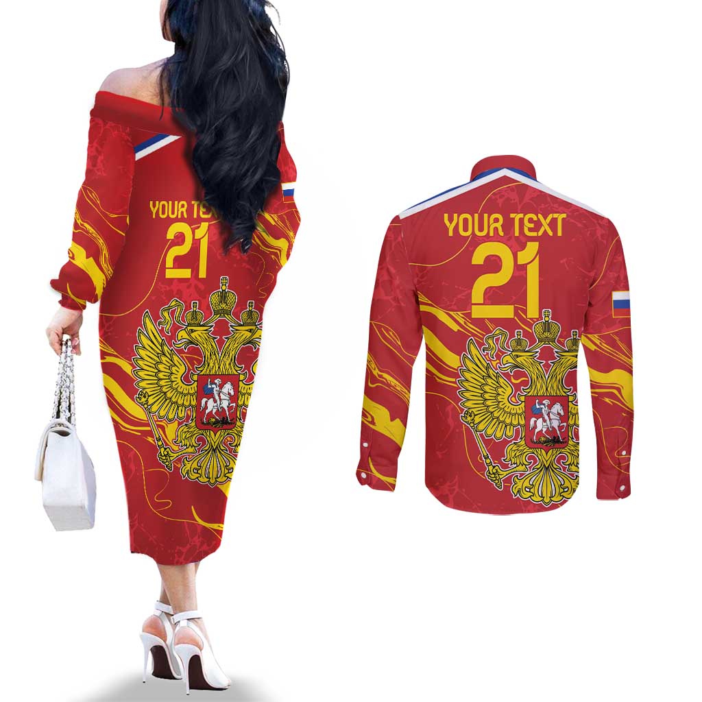 Custom Russia with Double-headed Eagle Couples Matching Off The Shoulder Long Sleeve Dress and Long Sleeve Button Shirt