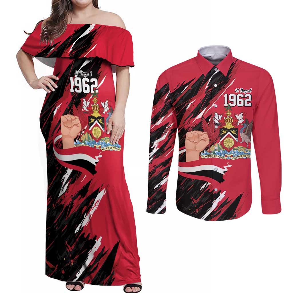 Trinidad and Tobago 1962 Personalized Couples Matching Off Shoulder Maxi Dress and Long Sleeve Button Shirt Happy Independence Day August 31th - Wonder Print Shop