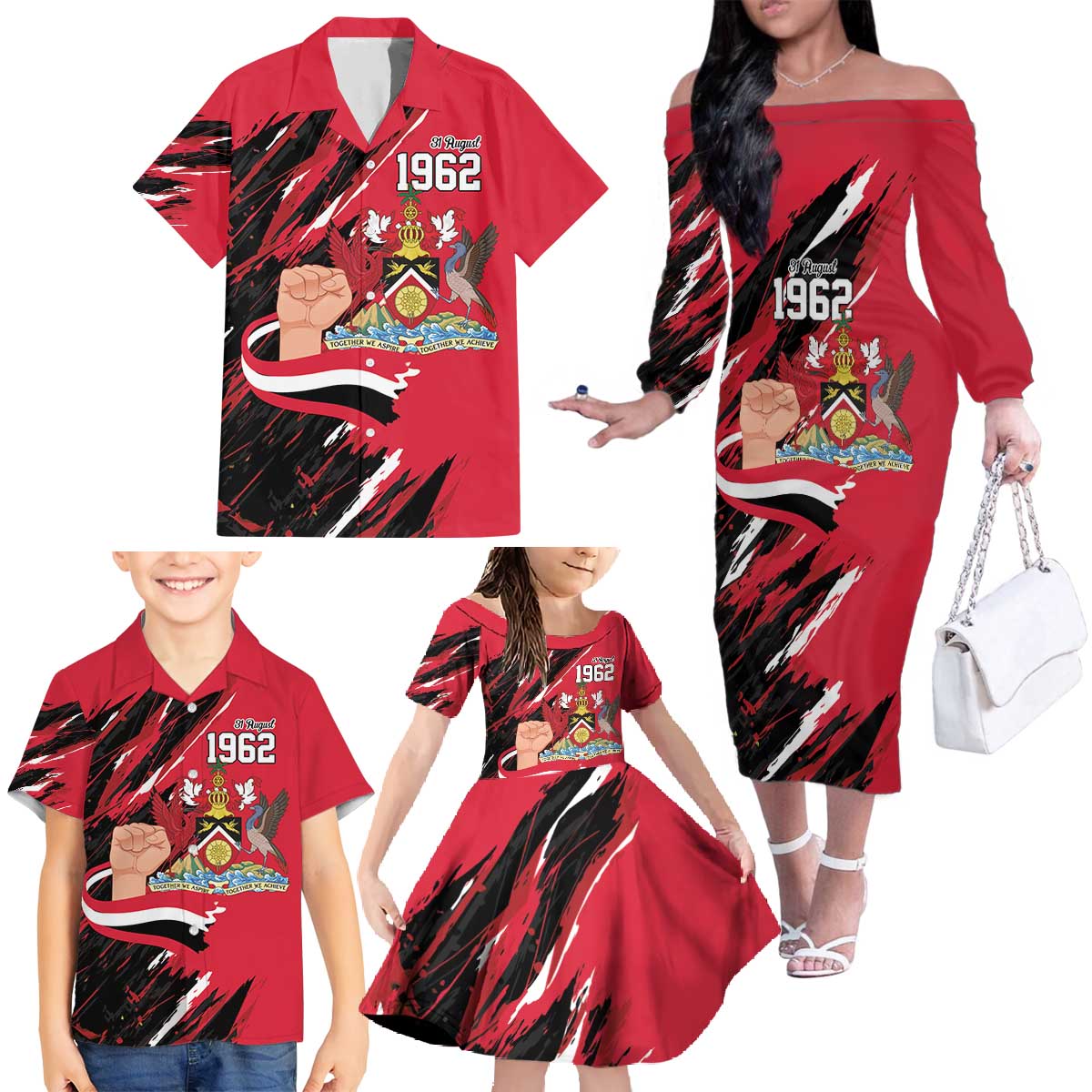 Trinidad and Tobago 1962 Personalized Family Matching Off The Shoulder Long Sleeve Dress and Hawaiian Shirt Happy Independence Day August 31th - Wonder Print Shop