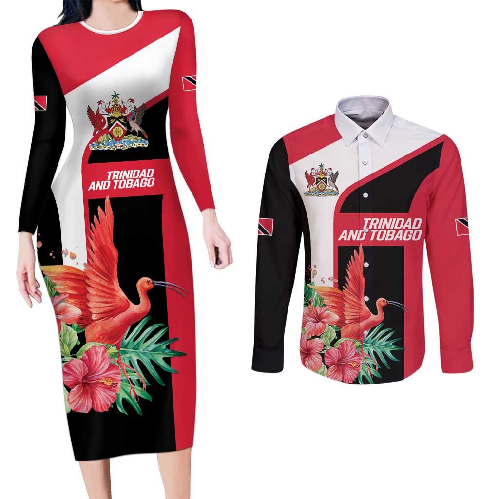 Trinidad and Tobago Personalized Couples Matching Long Sleeve Bodycon Dress and Long Sleeve Button Shirt Scarlet Ibis Tropical - Wonder Print Shop
