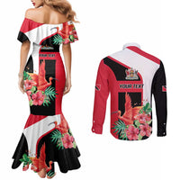 Trinidad and Tobago Personalized Couples Matching Mermaid Dress and Long Sleeve Button Shirt Scarlet Ibis Tropical - Wonder Print Shop