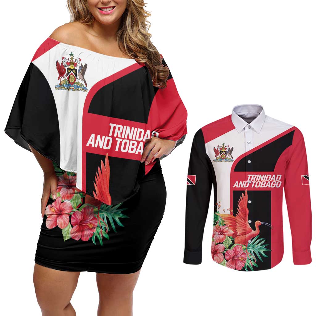 Trinidad and Tobago Personalized Couples Matching Off Shoulder Short Dress and Long Sleeve Button Shirt Scarlet Ibis Tropical - Wonder Print Shop