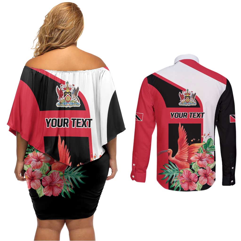Trinidad and Tobago Personalized Couples Matching Off Shoulder Short Dress and Long Sleeve Button Shirt Scarlet Ibis Tropical - Wonder Print Shop