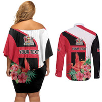 Trinidad and Tobago Personalized Couples Matching Off Shoulder Short Dress and Long Sleeve Button Shirt Scarlet Ibis Tropical - Wonder Print Shop