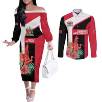Trinidad and Tobago Personalized Couples Matching Off The Shoulder Long Sleeve Dress and Long Sleeve Button Shirt Scarlet Ibis Tropical - Wonder Print Shop