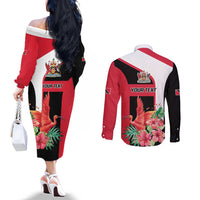 Trinidad and Tobago Personalized Couples Matching Off The Shoulder Long Sleeve Dress and Long Sleeve Button Shirt Scarlet Ibis Tropical - Wonder Print Shop
