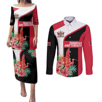 Trinidad and Tobago Personalized Couples Matching Puletasi and Long Sleeve Button Shirt Scarlet Ibis Tropical - Wonder Print Shop