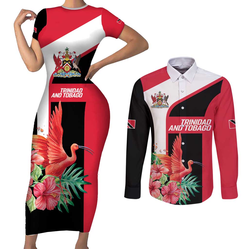Trinidad and Tobago Personalized Couples Matching Short Sleeve Bodycon Dress and Long Sleeve Button Shirt Scarlet Ibis Tropical - Wonder Print Shop