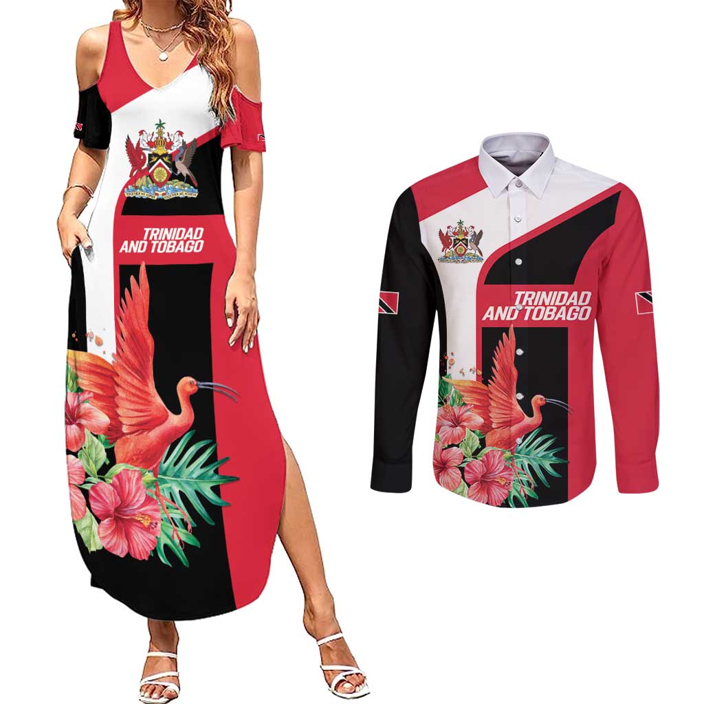 Trinidad and Tobago Personalized Couples Matching Summer Maxi Dress and Long Sleeve Button Shirt Scarlet Ibis Tropical - Wonder Print Shop