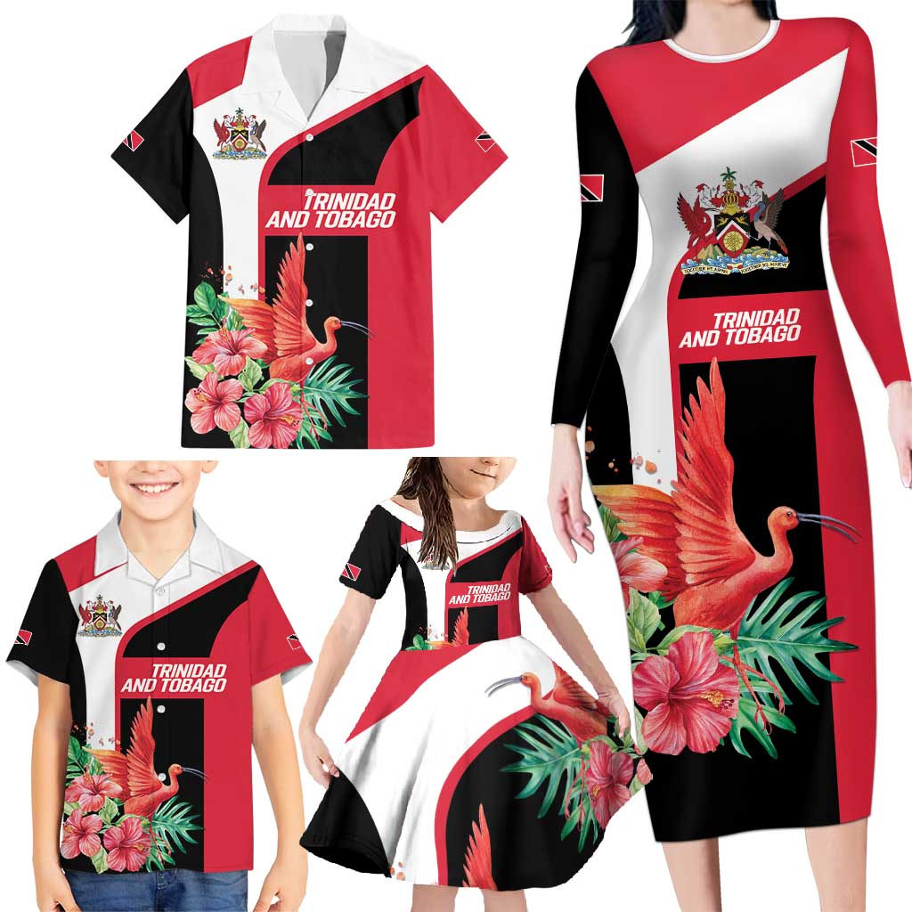 Trinidad and Tobago Personalized Family Matching Long Sleeve Bodycon Dress and Hawaiian Shirt Scarlet Ibis Tropical - Wonder Print Shop