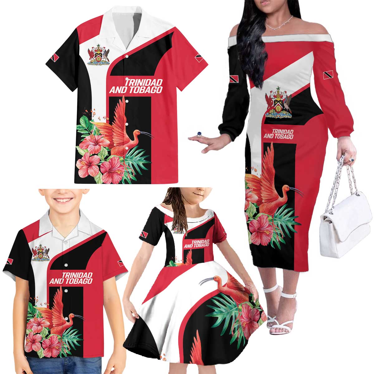 Trinidad and Tobago Personalized Family Matching Off The Shoulder Long Sleeve Dress and Hawaiian Shirt Scarlet Ibis Tropical - Wonder Print Shop
