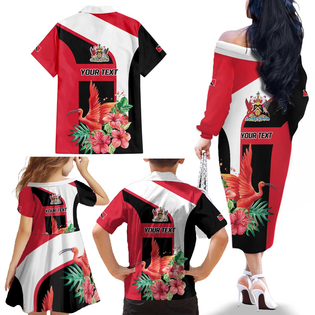 Trinidad and Tobago Personalized Family Matching Off The Shoulder Long Sleeve Dress and Hawaiian Shirt Scarlet Ibis Tropical - Wonder Print Shop