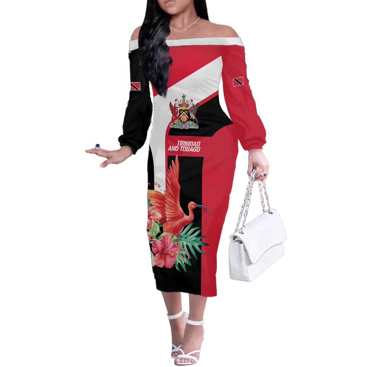 Trinidad and Tobago Personalized Family Matching Off The Shoulder Long Sleeve Dress and Hawaiian Shirt Scarlet Ibis Tropical - Wonder Print Shop
