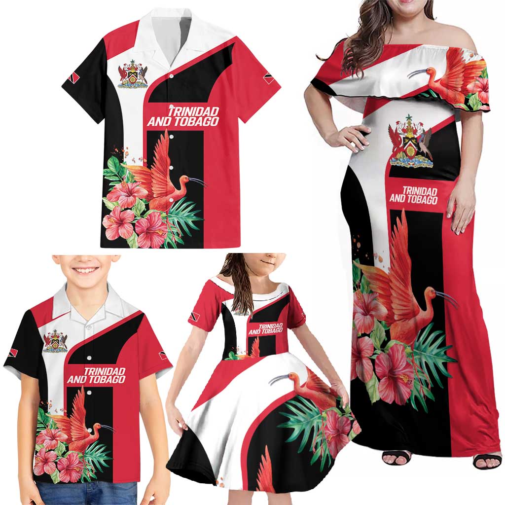 Trinidad and Tobago Personalized Family Matching Off Shoulder Maxi Dress and Hawaiian Shirt Scarlet Ibis Tropical - Wonder Print Shop