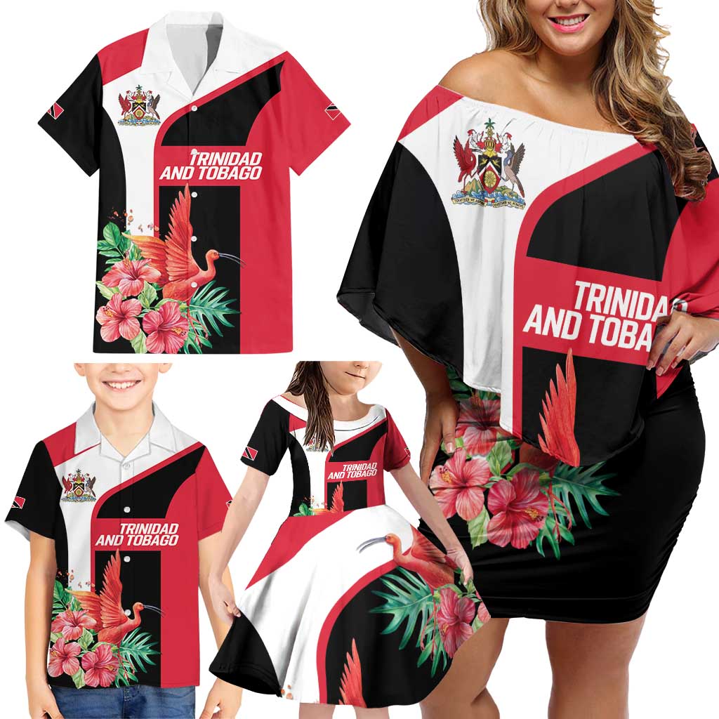 Trinidad and Tobago Personalized Family Matching Off Shoulder Short Dress and Hawaiian Shirt Scarlet Ibis Tropical - Wonder Print Shop