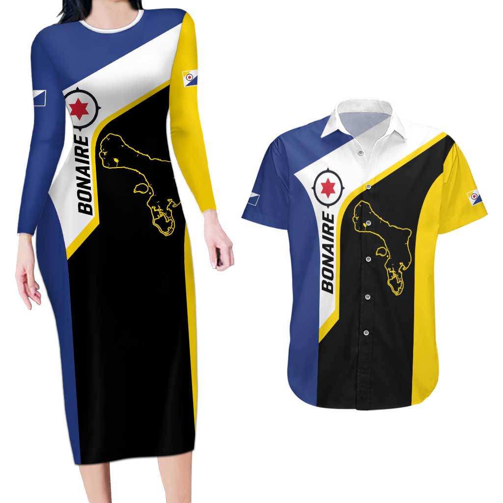 Caribbean Bonaire Personalized Couples Matching Long Sleeve Bodycon Dress and Hawaiian Shirt Simple Flag Style - Wonder Print Shop