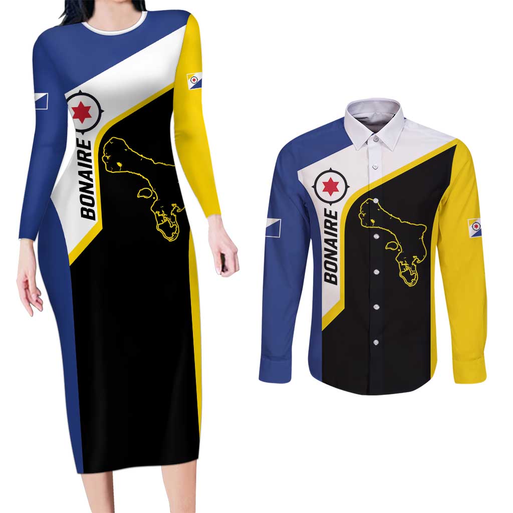 Caribbean Bonaire Personalized Couples Matching Long Sleeve Bodycon Dress and Long Sleeve Button Shirt Simple Flag Style - Wonder Print Shop